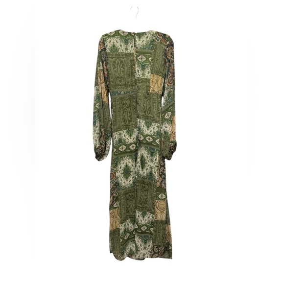 Green Paisley Patchwork Maxi Dress – Long Sleeve, Twist Front - Picture 4 of 8